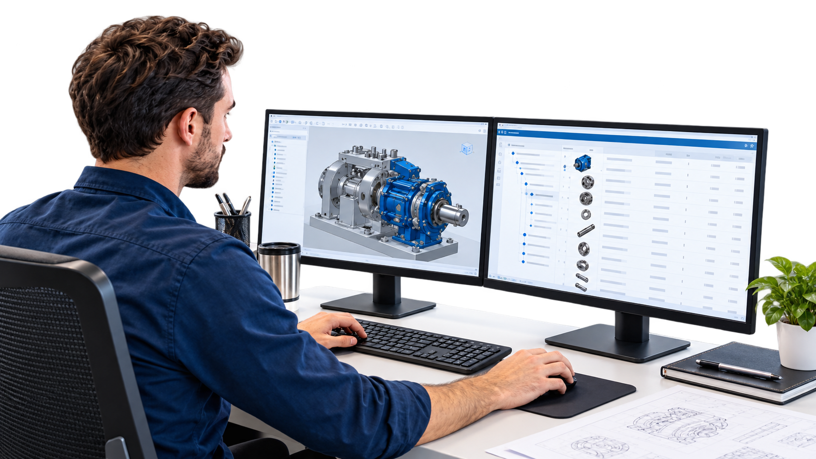 openbom-solidworks-cloud-pdm-bom Engineer reviewing a 3D CAD assembly alongside its multi-level bill of materials on dual monitors