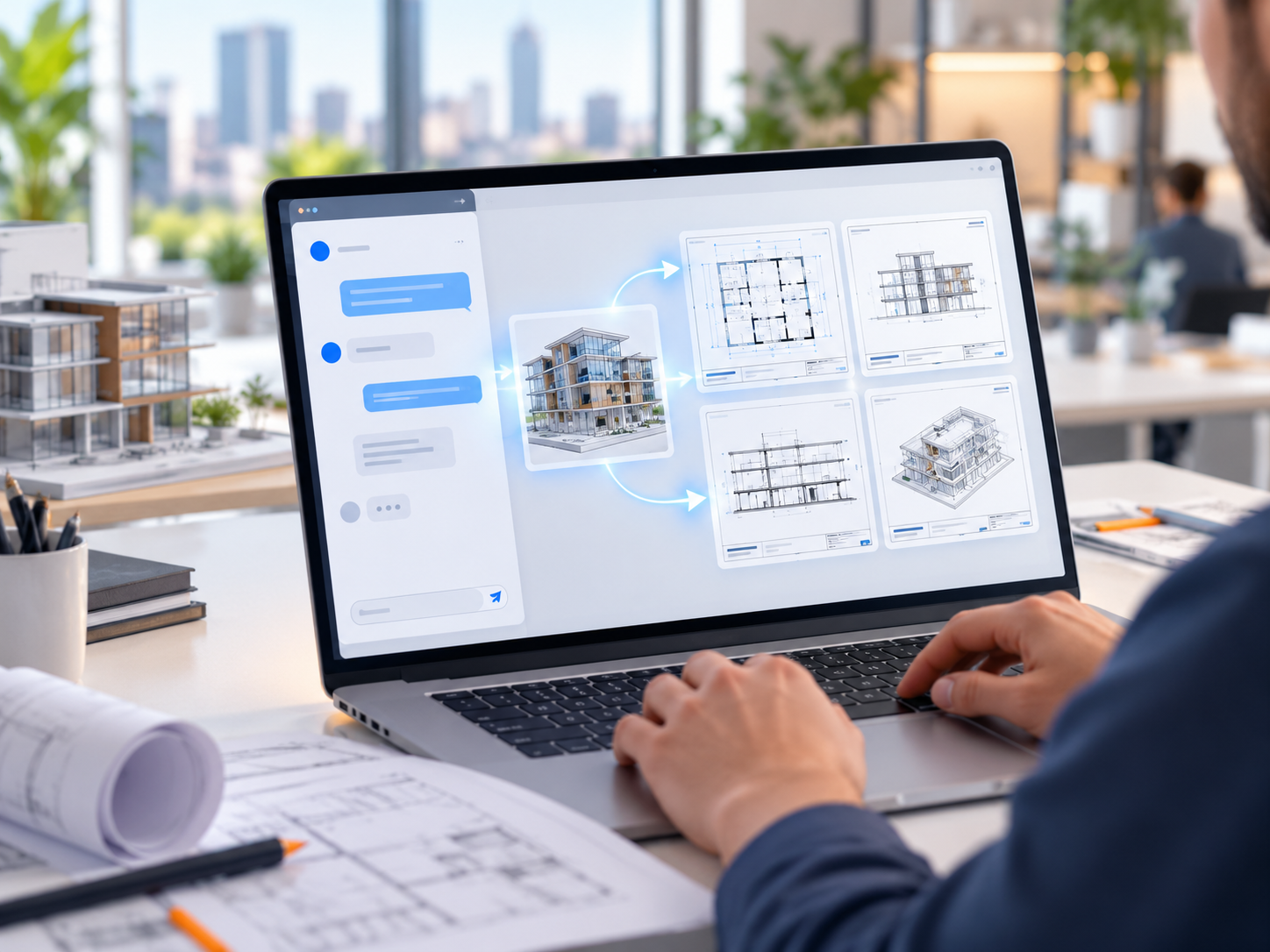 Laptop screen showing a chat panel next to a 3D building model that branches into a floor plan, elevation, section and 3D view