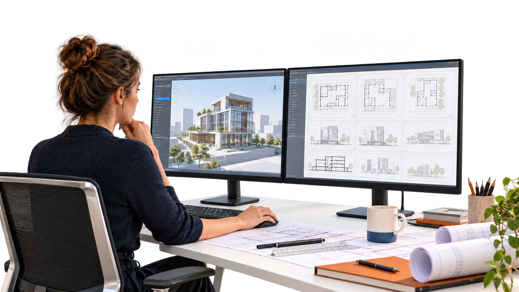 Architect at a desk working on two monitors, one showing a 3D building model and the other a set of floor plans, elevations and sections
