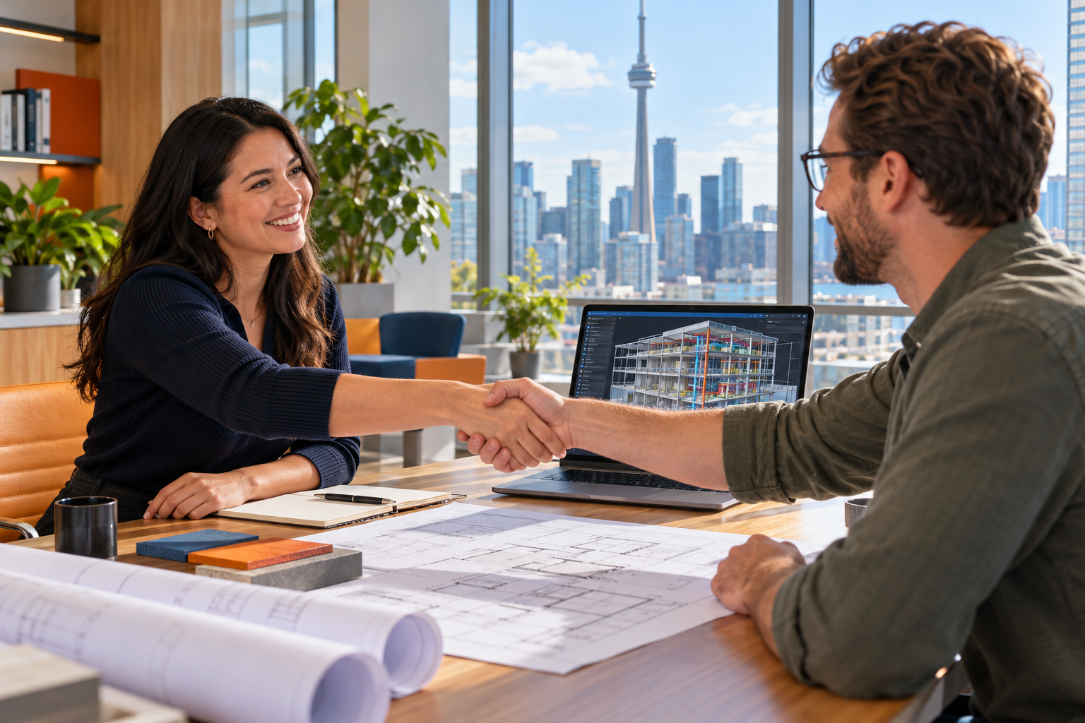 SolidCAD consultant shaking hands with a client in a bright Toronto office with a 3D building model on a laptop