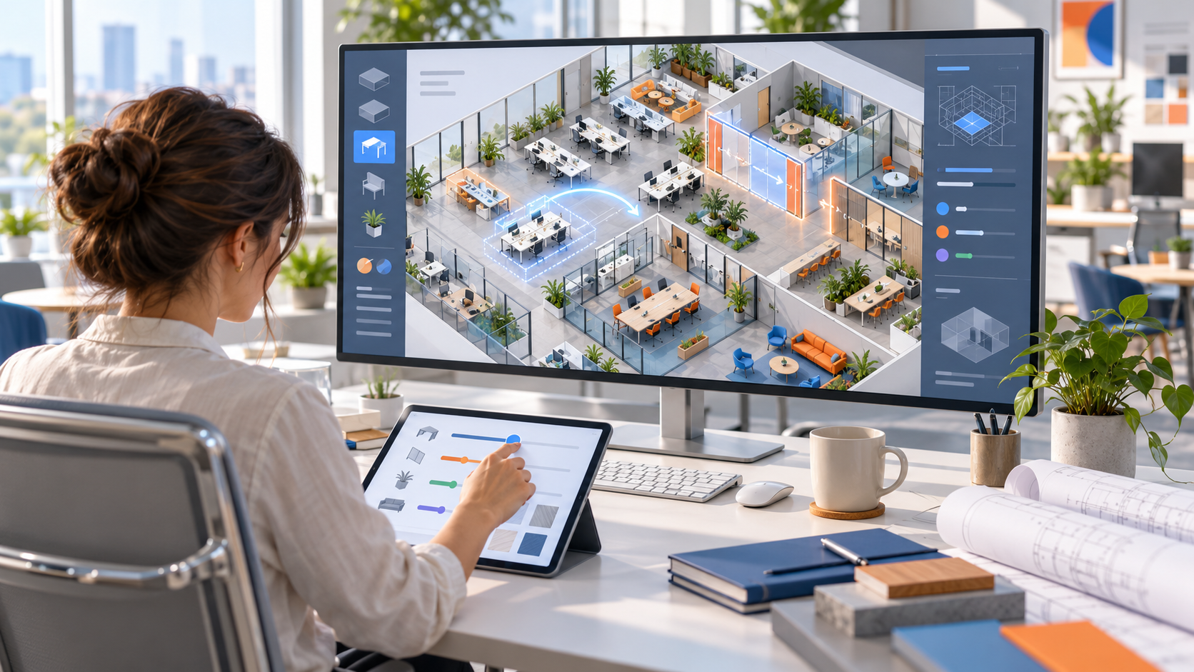 Designer adjusting sliders on a tablet while a large monitor shows an isometric office layout updating in response