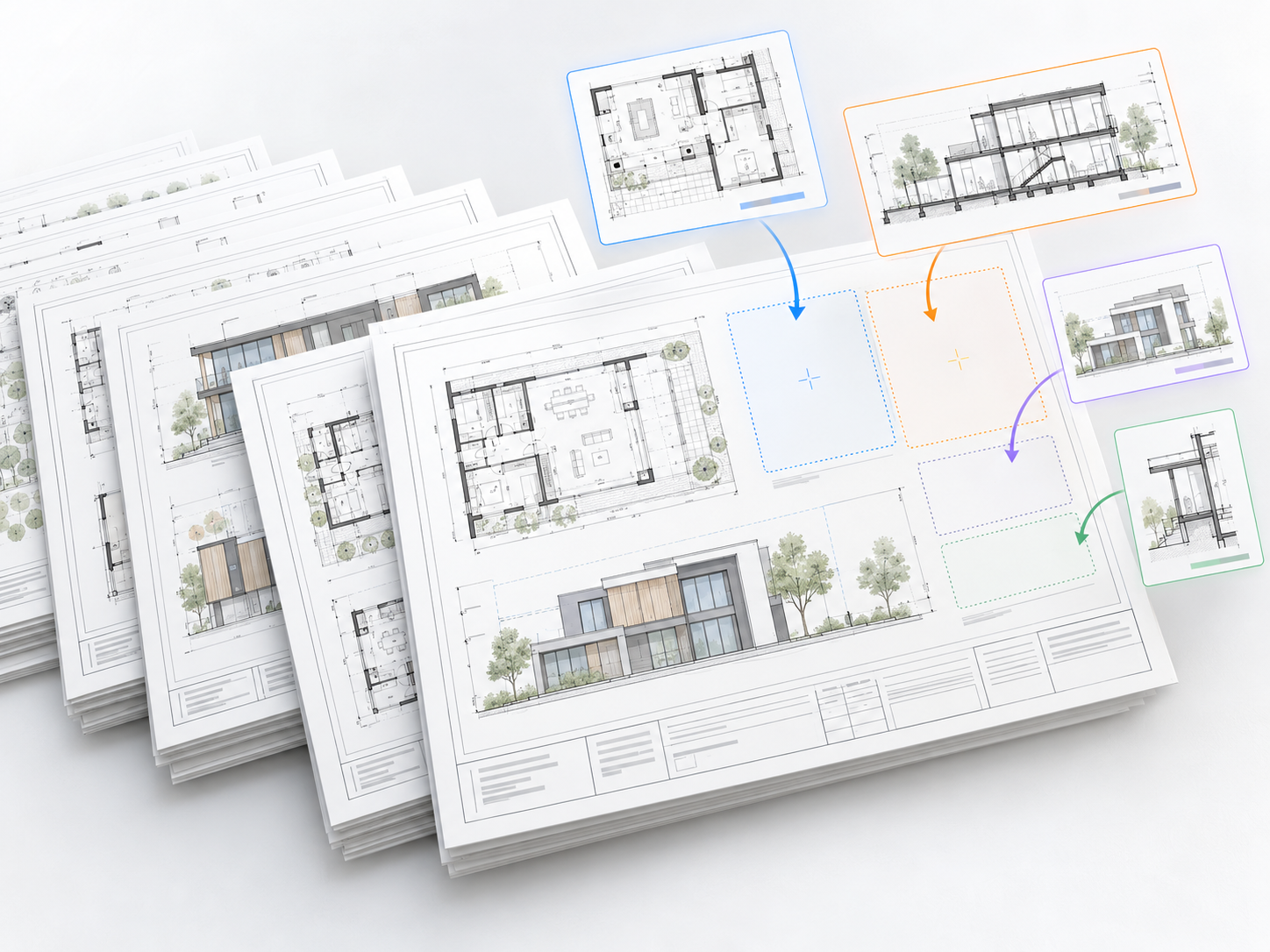 Stack of architectural drawing sheets with floor plans and elevations, while new plan, section and elevation views slide into empty spots on the top sheet