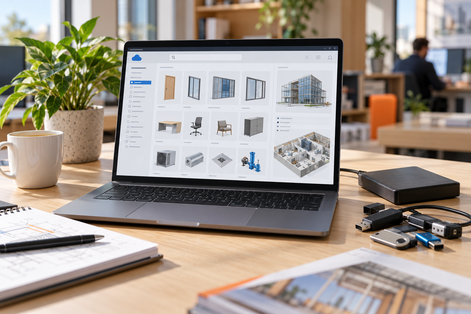 Architectural Design Studio Workspace Laptop on a desk showing a cloud content library with a grid of door, window, furniture and equipment components