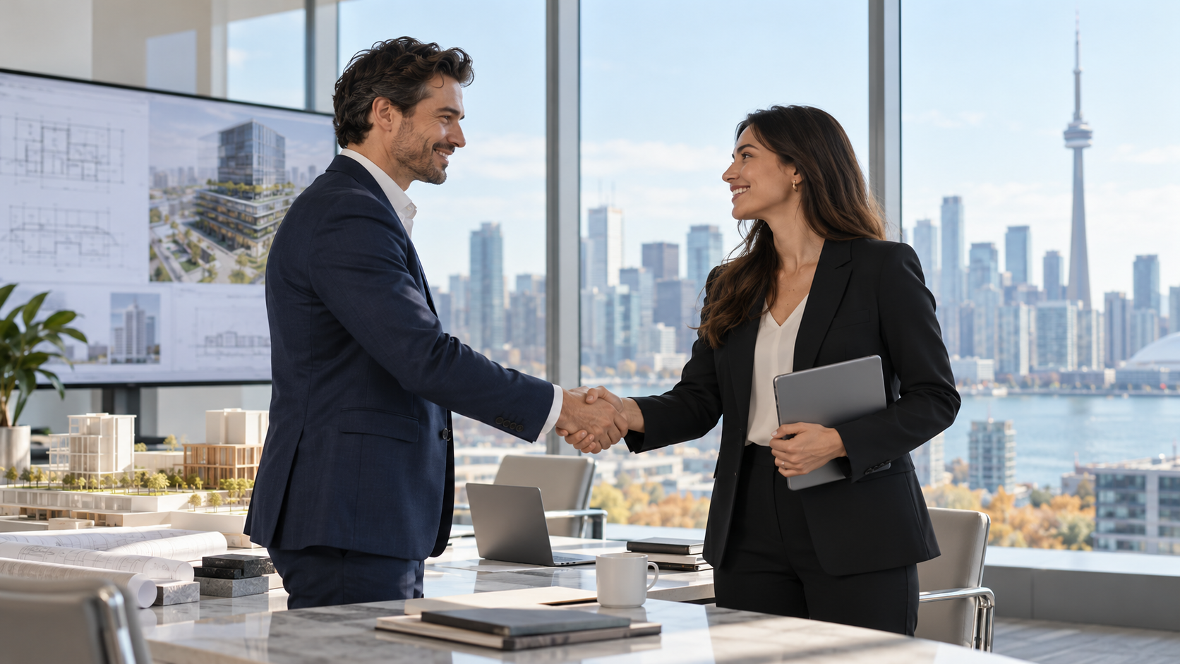 Two professionals shaking hands in a modern office overlooking the Toronto skyline and CN Tower, with architectural drawings on a screen behind them