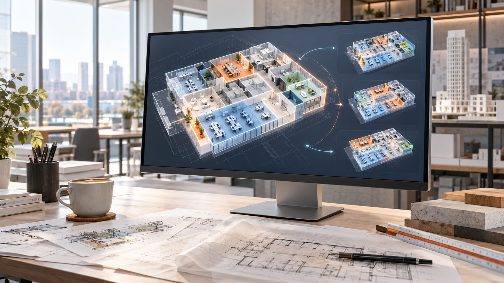 Desktop monitor showing a color-coded 3D office floor plan with three layout variations, next to printed blueprints and sketches