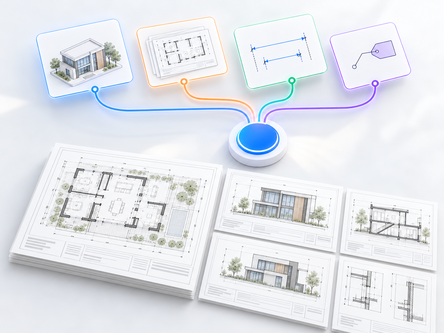 Four task cards for views, sheets, dimensions and tags connected to a single button above a finished set of architectural drawing sheets