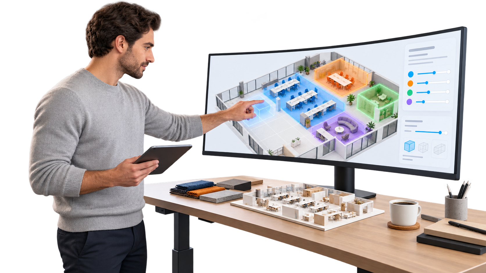 Interior architect at a standing desk pointing at a curved monitor showing a color-coded office floor plan, holding a tablet