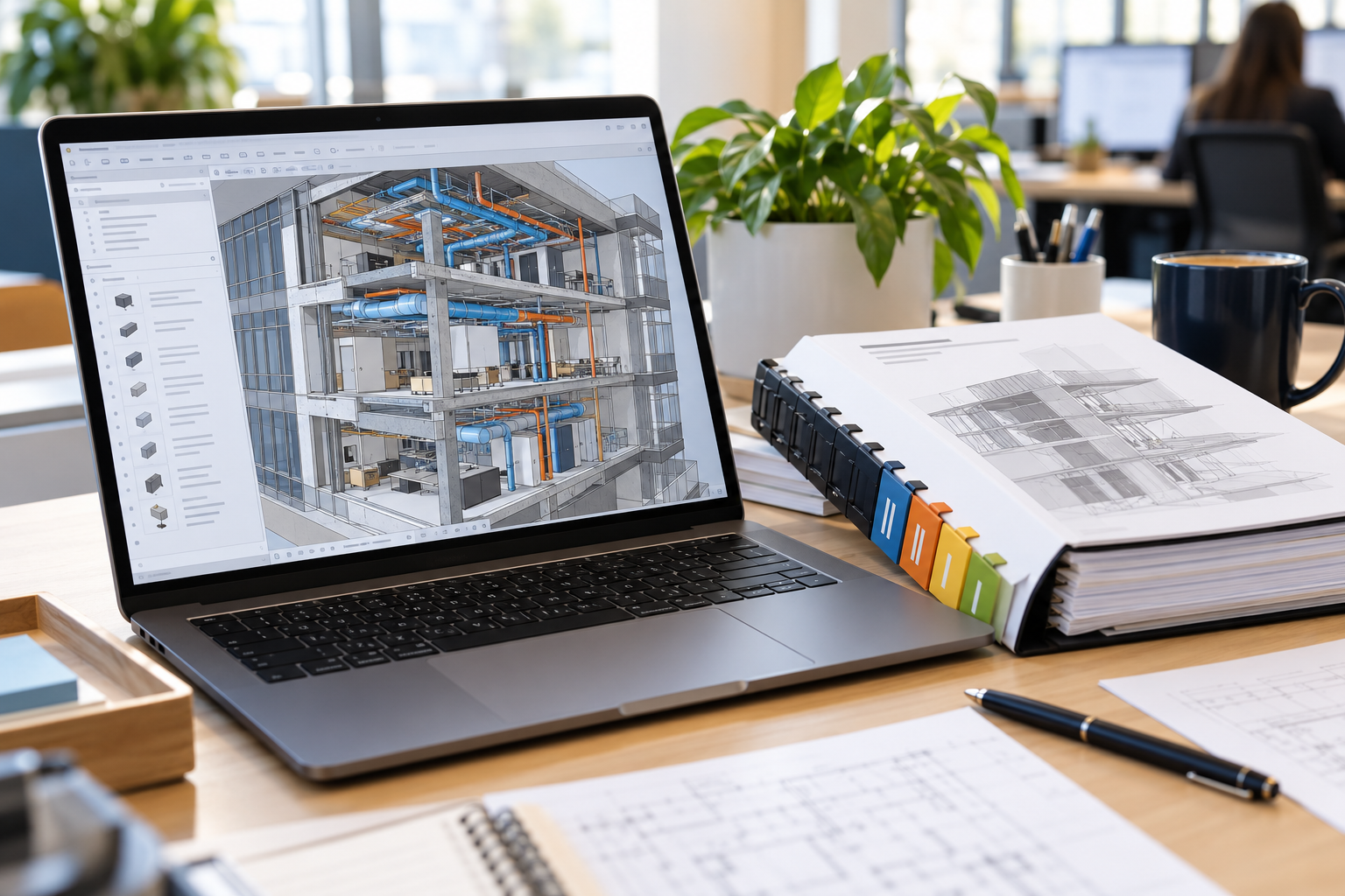 Laptop showing a BIM model and a library of element families next to a BIM standards binder, a pen and a coffee cup