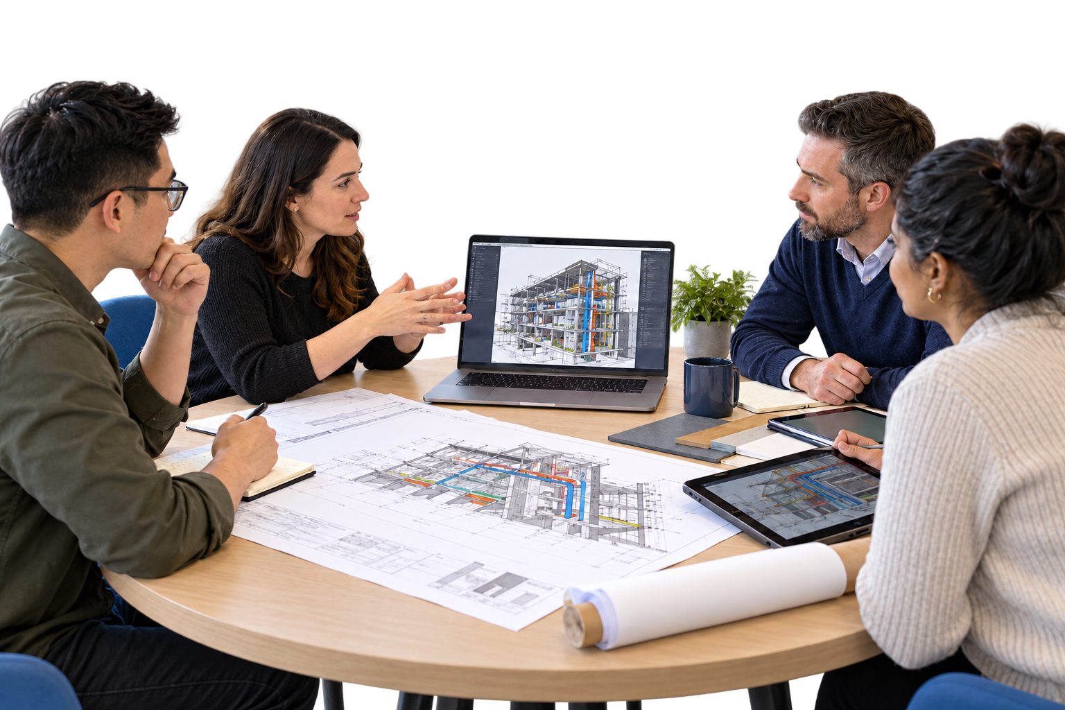 BIM manager and team members at a table discussing a 3D building model on a laptop