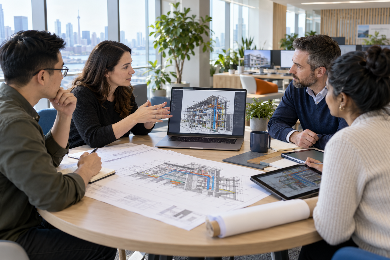 Collaborative-Architectural-Design-Meeting Four architects at a round table in a Toronto office reviewing a 3D building model on a laptop, with drawings and a tablet on the table