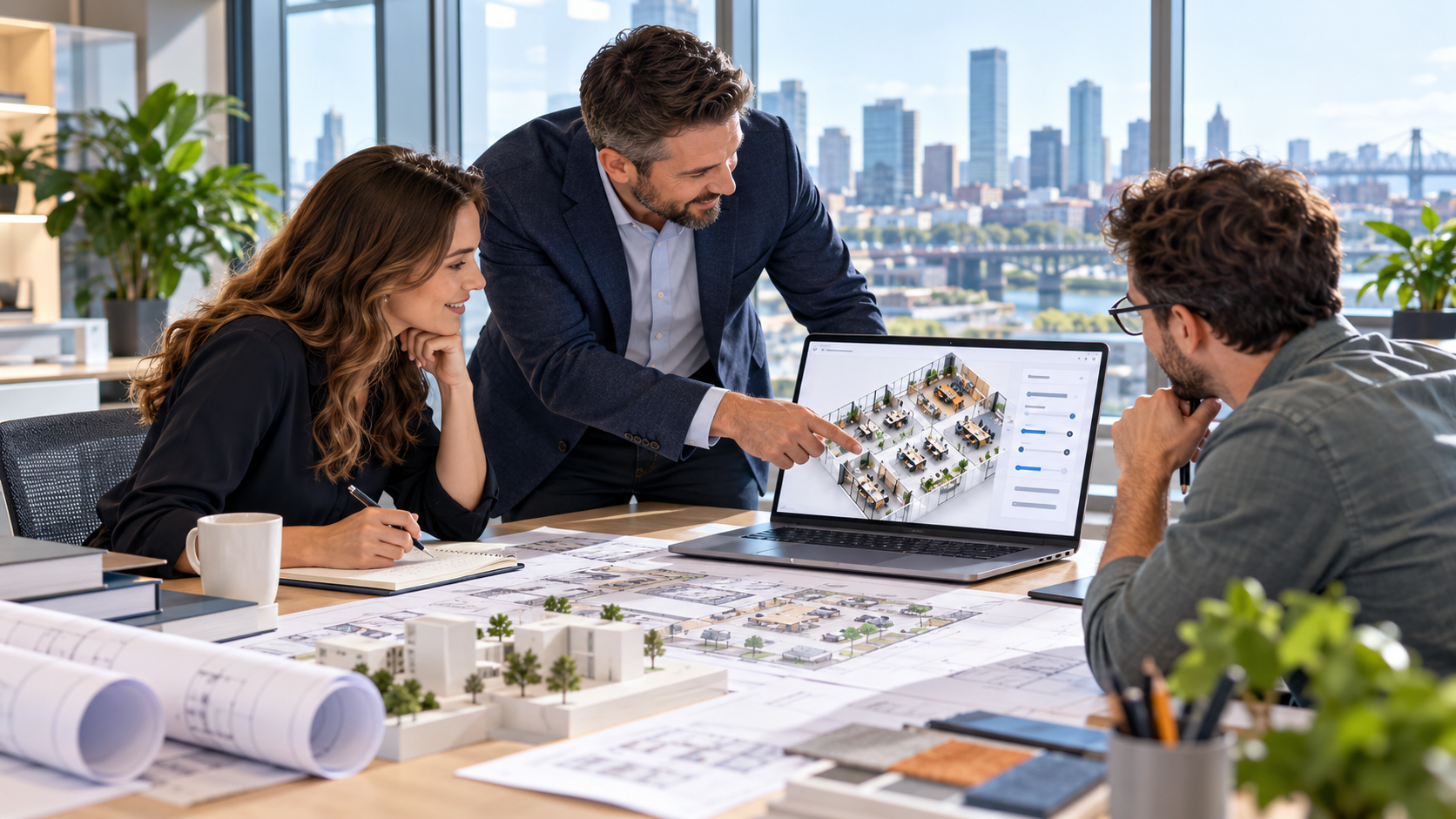Consultant pointing at an office floor plan on a laptop while two architects take notes at a table with drawings and a building model