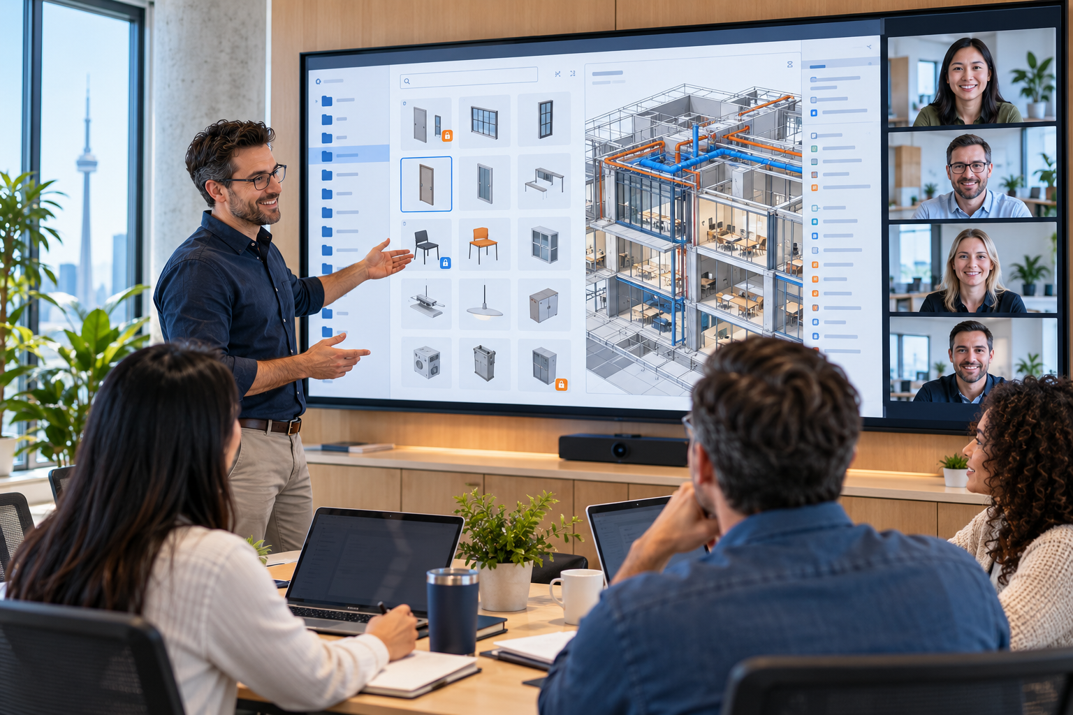 Collaborative BIM Design Meeting BIM manager at a wall screen showing a content library, with colleagues from other offices joining by video