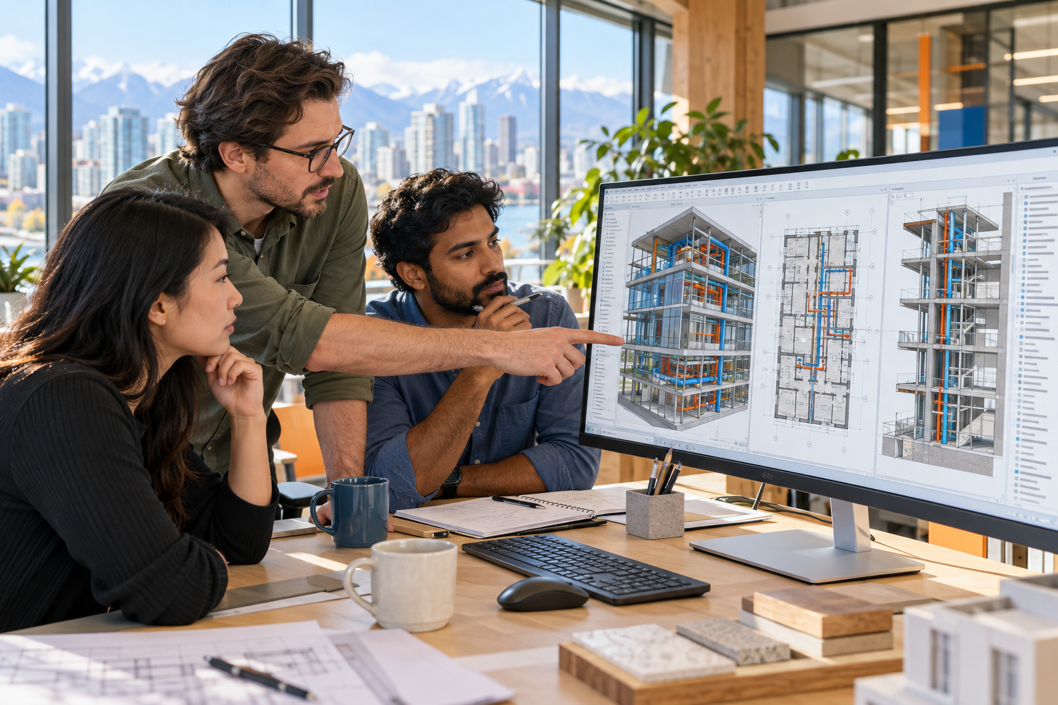 Small architecture team around a monitor showing a multi-storey building model in 3D, plan and section views