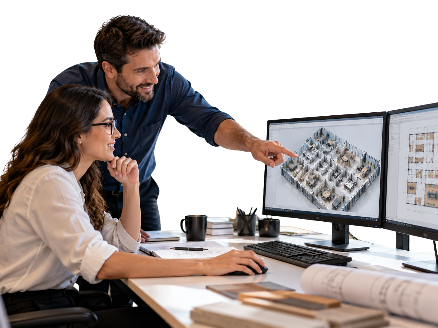 Two architects at a desk reviewing a 3D office floor plan and a 2D layout on dual monitors