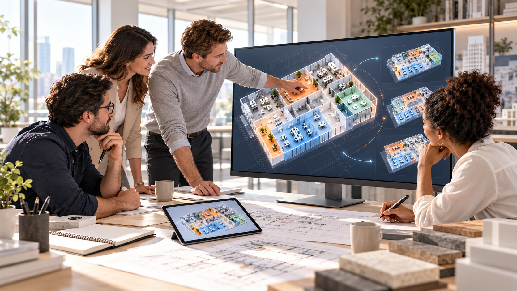 Design team gathered around a large screen and tablet reviewing a color-coded 3D office floor plan and layout options