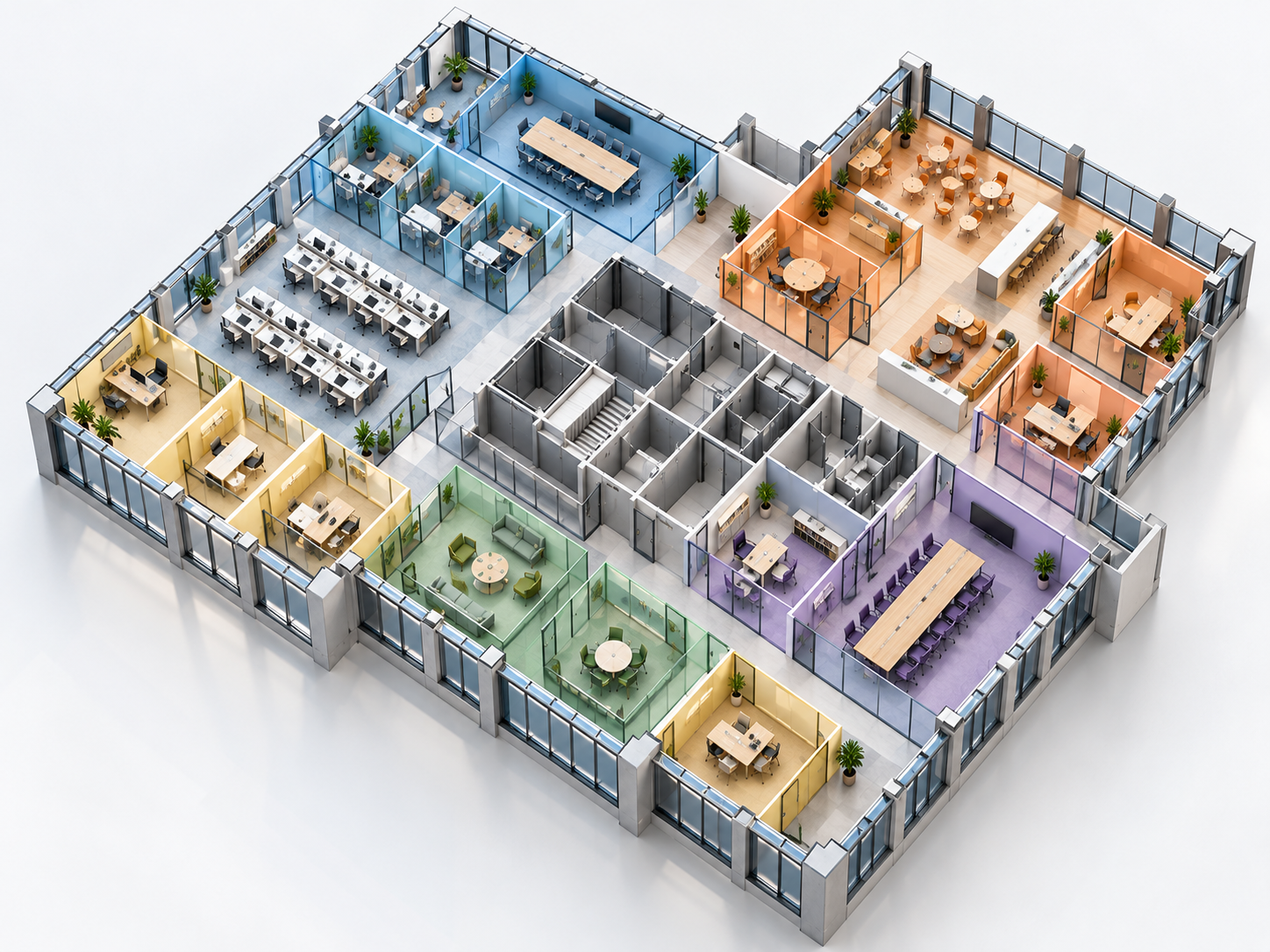 Isometric office floor plan with rooms grouped into color-coded zones