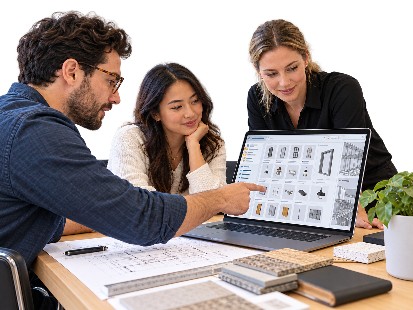 Content-Catalog-Foundation-Pack-hero Three AEC professionals at a meeting table reviewing a library of building components on a laptop