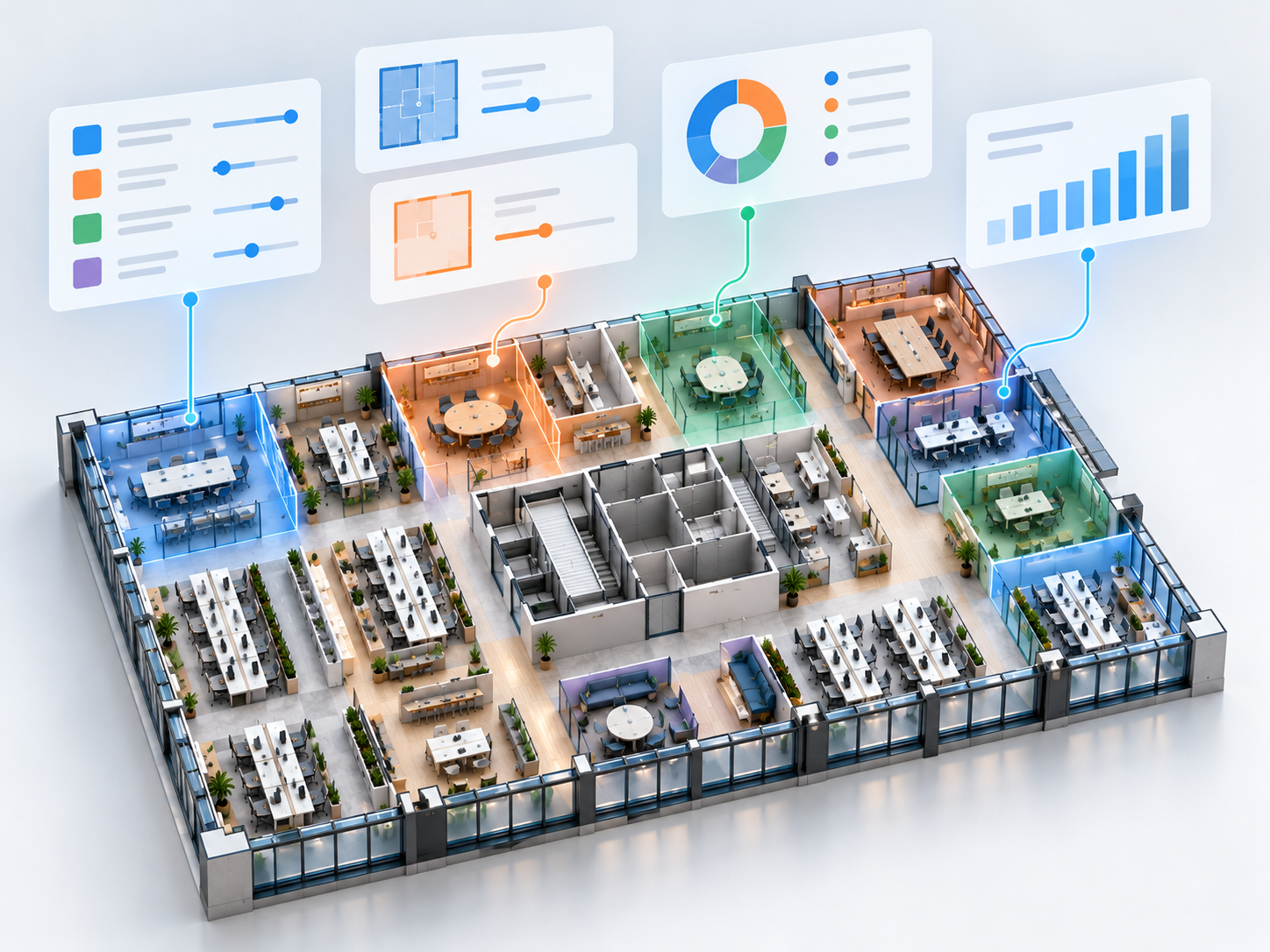 3D office floor plan with floating data panels, sliders and charts linked to individual rooms