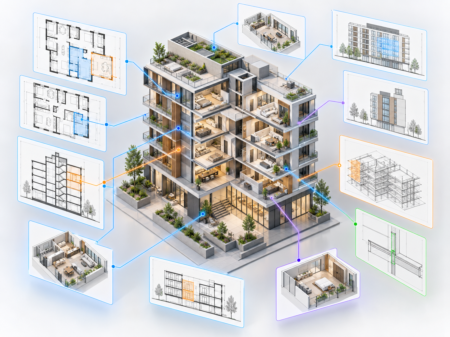 Isometric cutaway of a multi-storey building connected by glowing lines to floating floor plans, sections, elevations, 3D room views and a detail