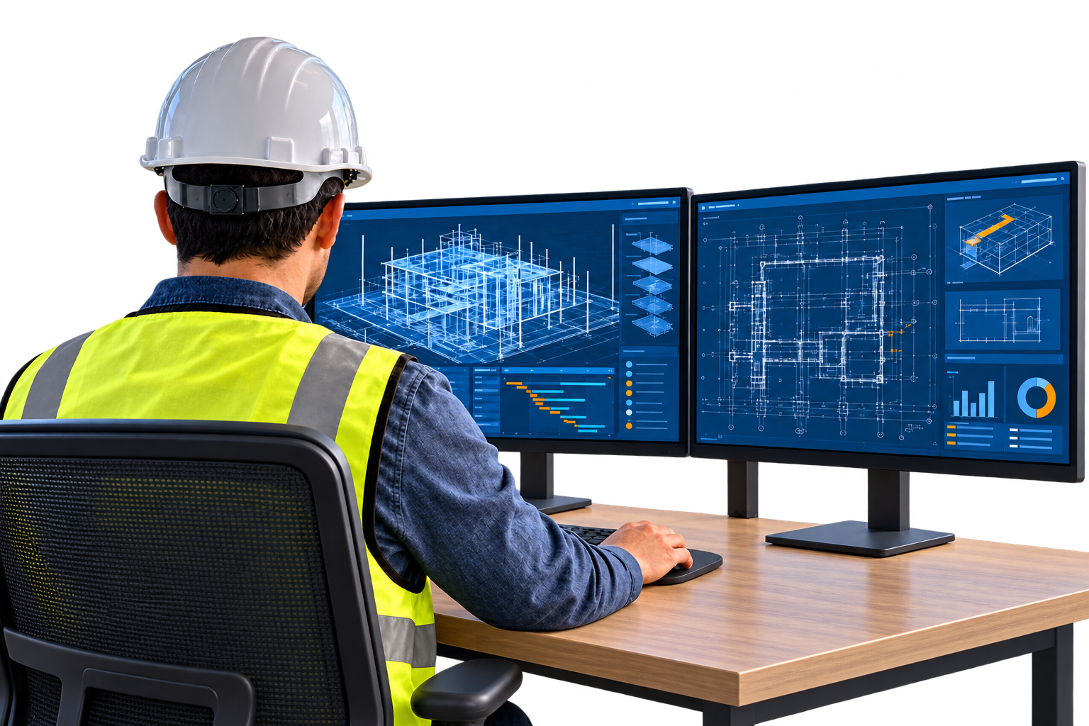 Construction professional reviewing building models and project data on dual monitors
