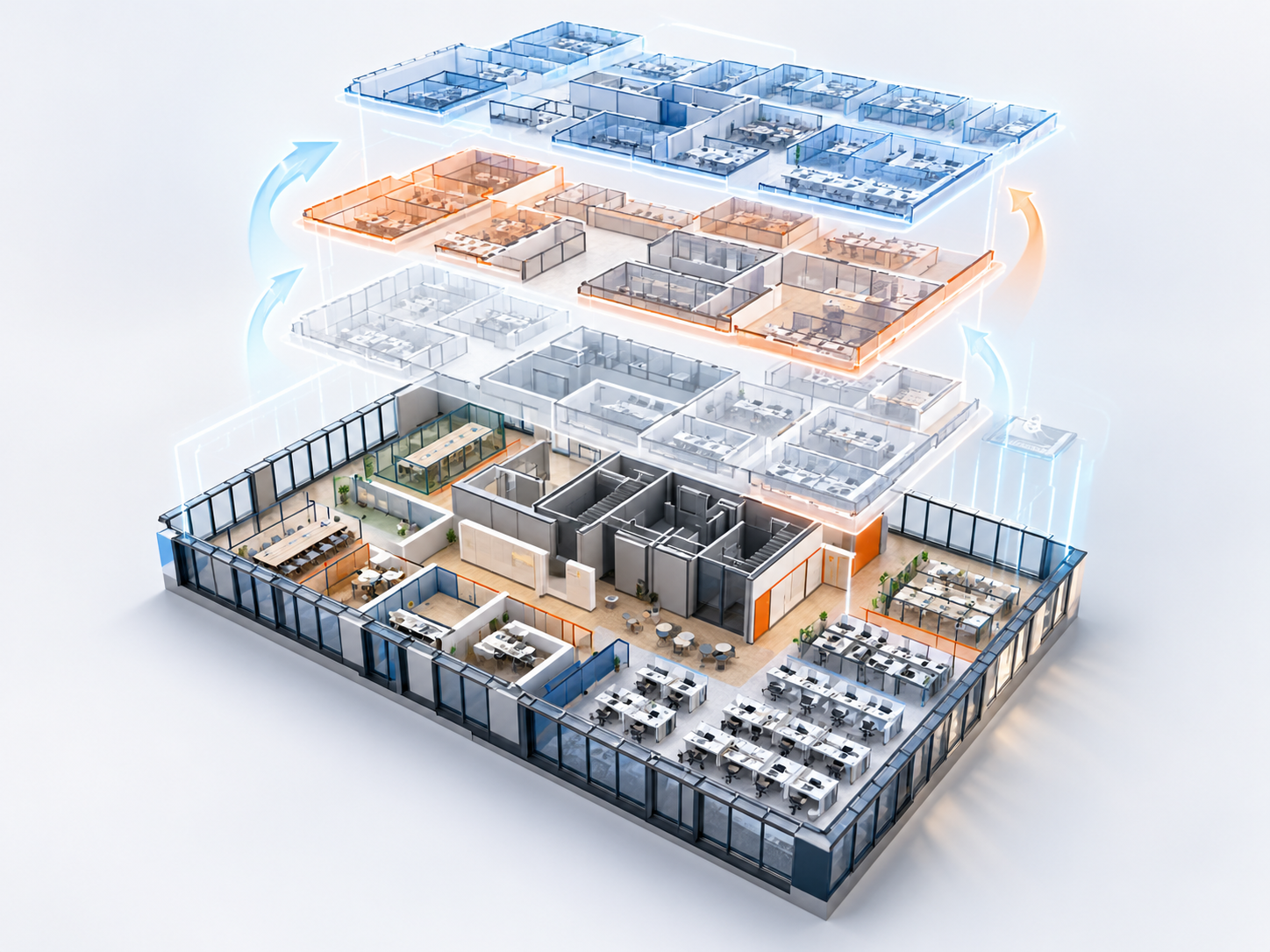 Exploded view of office floor layers rising above a 3D building model with update arrows