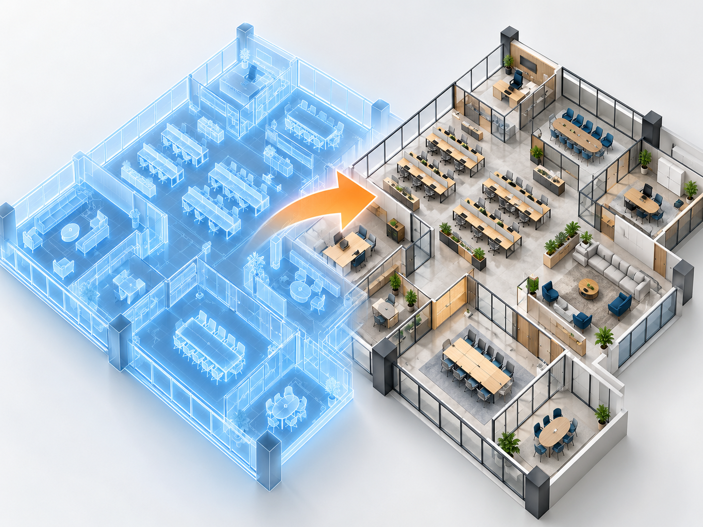 Translucent blue preview of an office layout turning into the same layout with realistic walls, furniture and glass partitions