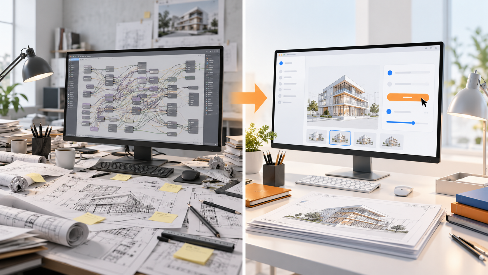 Split view of a cluttered desk with a complex node-based script on screen next to a tidy desk with a simple one-click panel and a neat stack of drawing sheets