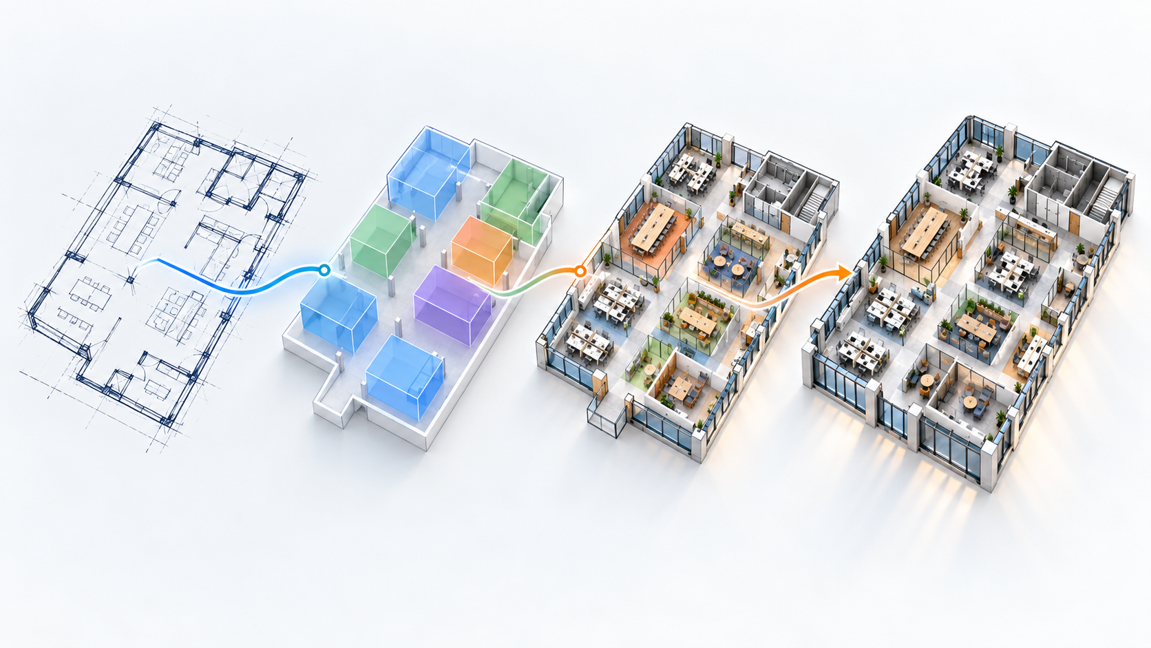 2D line drawing of a floor plan turning into color-coded massing and then a fully furnished 3D office model