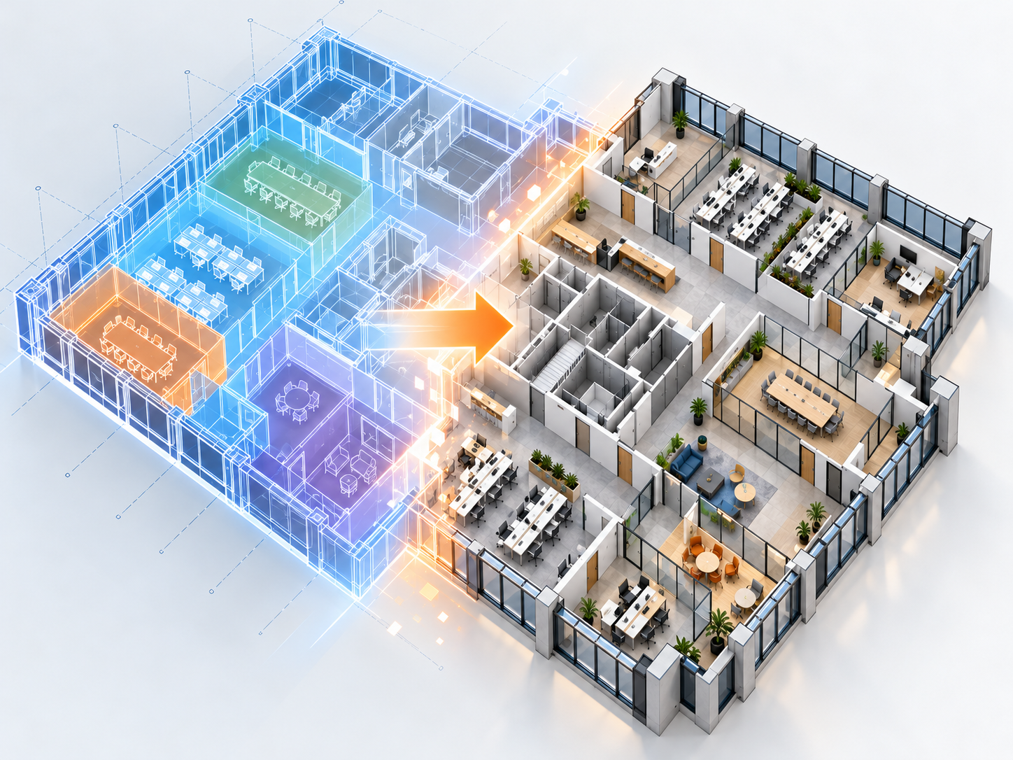 Blue wireframe office model transforming into a detailed 3D floor plan with realistic finishes and furniture