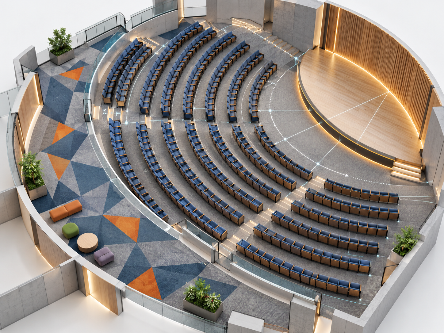 Isometric auditorium with curved rows of blue seats in a radial array and a geometric blue, gray and orange carpet pattern