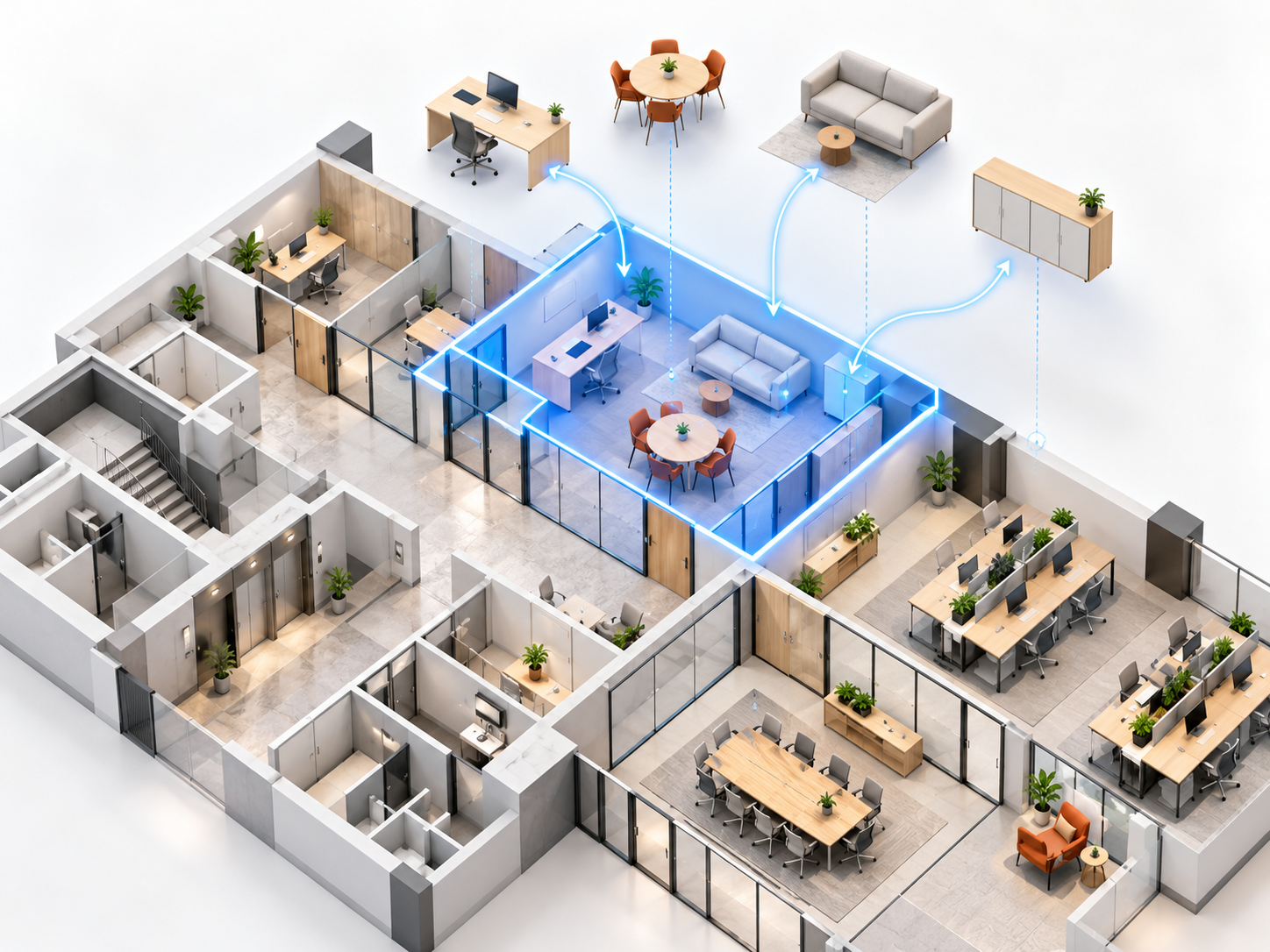 Isometric office floor with one room highlighted in blue and furniture pieces like a desk, table, sofa and cabinet flowing into it