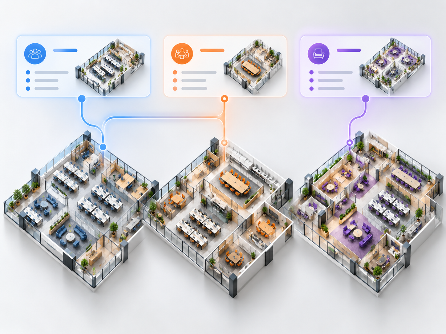 Three preset cards in blue, orange and purple connected to three office floors that follow the same layout rules