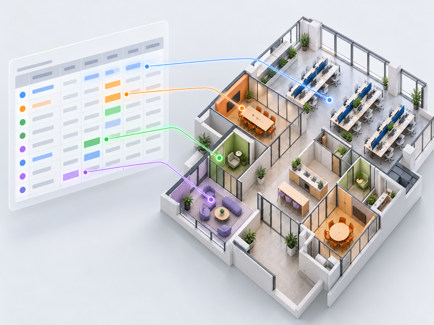 Spreadsheet-style table with colored rows linked by lines to matching workstation, meeting, quiet and lounge zones on an office floor plan
