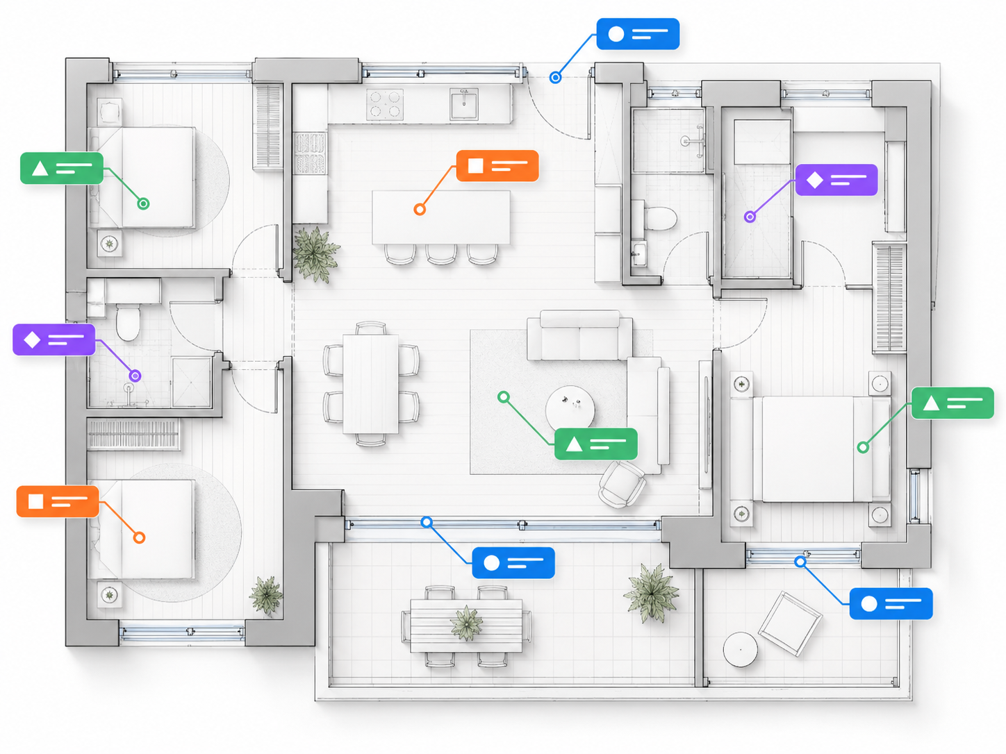 Apartment floor plan with color-coded tags and leader lines on windows, doors, furniture and rooms