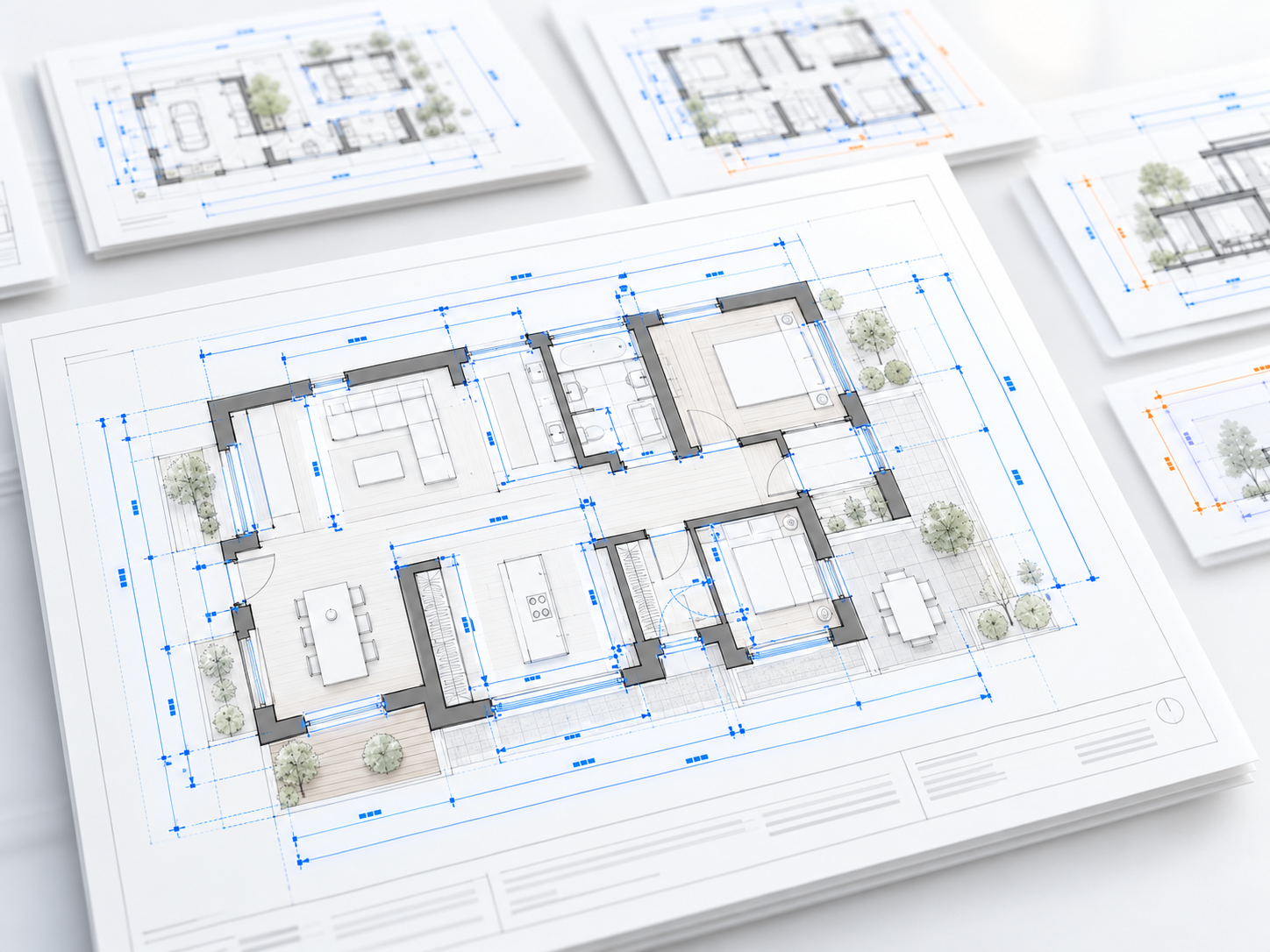 Architectural floor plan with blue dimension lines across walls, doors and rooms, with more dimensioned plans and sections on sheets in the background