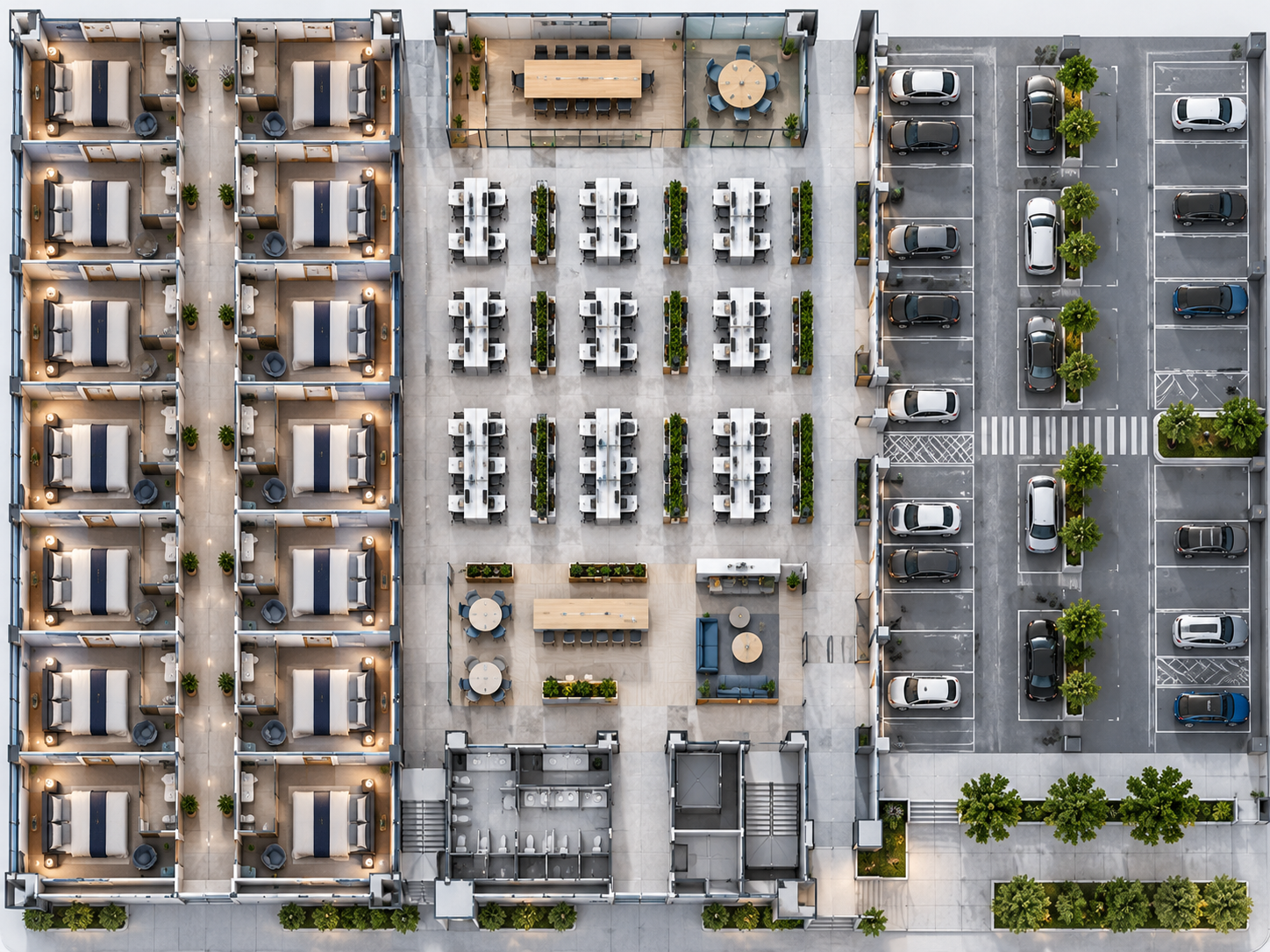 Top-down view of a building floor with furnished rooms, open office, meeting areas and a parking lot