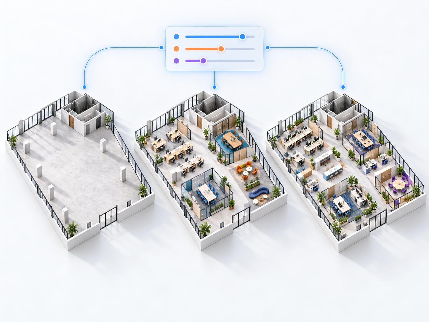 Three isometric views of the same office floor going from empty to partly furnished to a complete layout, linked to a slider panel