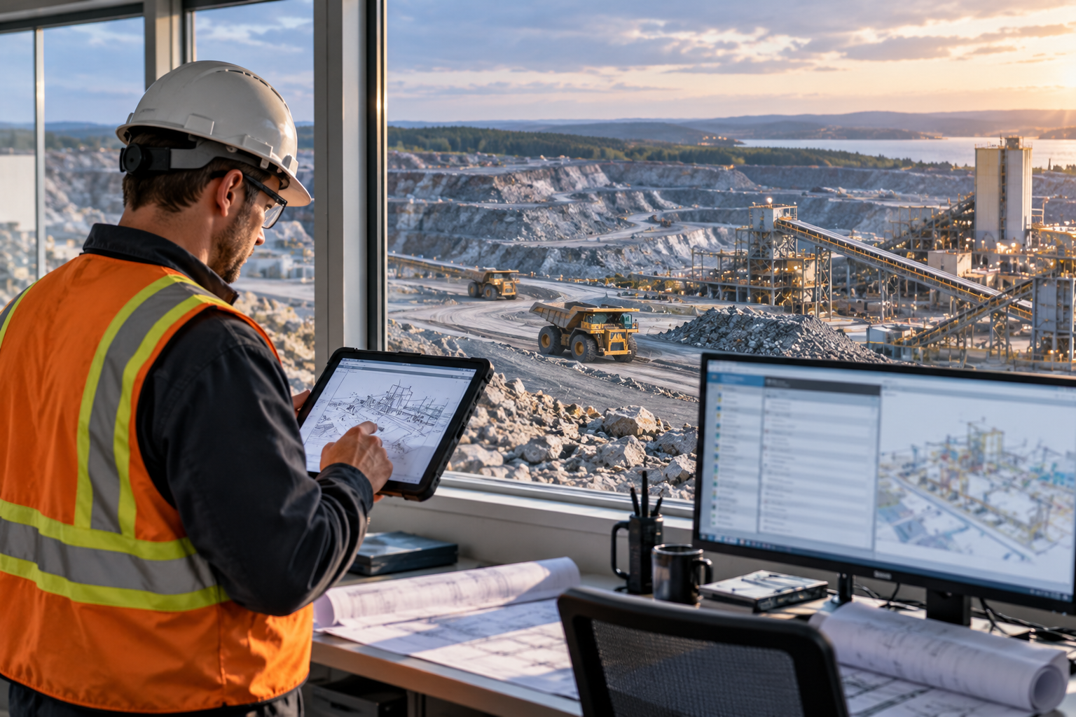 meridian-for-mining Mining engineer reviewing engineering drawings on a tablet at an open-pit mine site office, using Meridian EDMS
