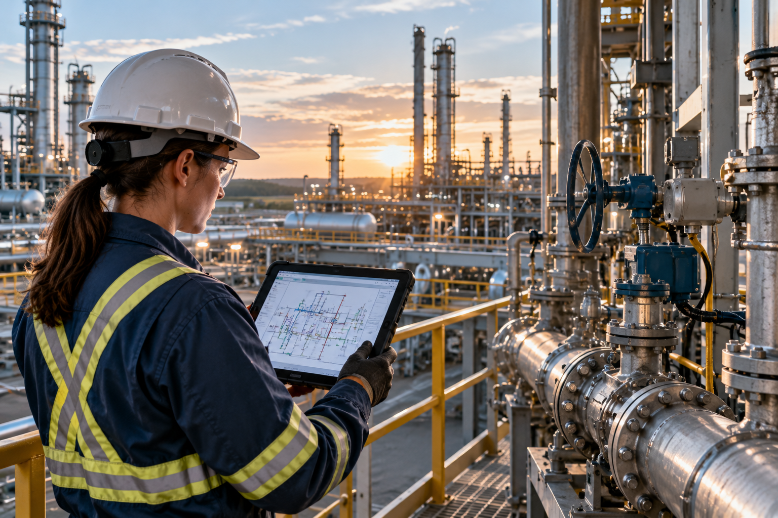 meridian-for-oil-and-gas Process engineer checking a P&ID on a tablet against refinery equipment, with Meridian for oil and gas