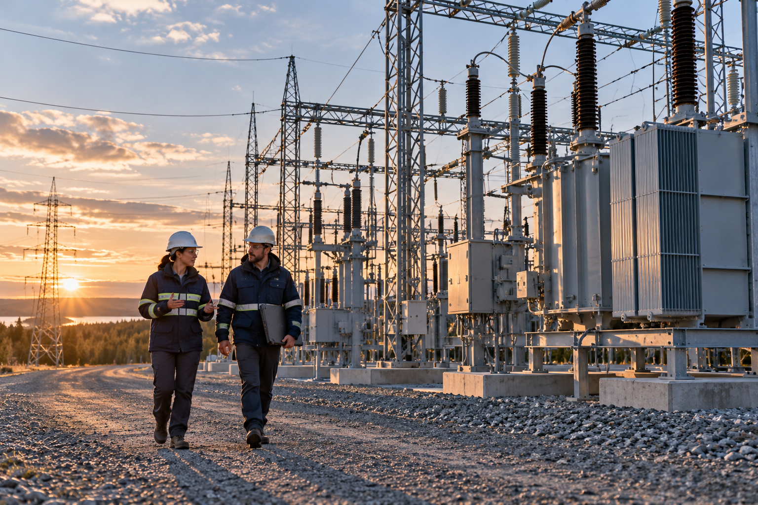 meridian-for-utilities Two utility engineers walking through an electrical substation at sunset, supported by Meridian for utilities
