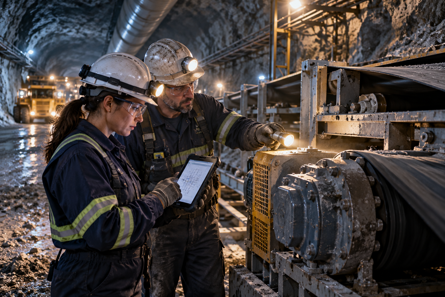 redeye-for-mining Underground mine crew checking a conveyor drive against a drawing on a rugged tablet with RedEye for mining