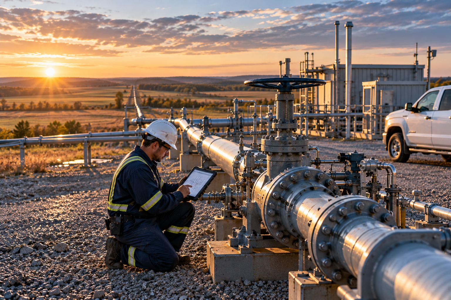 redeye-for-oil-and-gas Field technician reviewing a piping drawing on a tablet at a remote pipeline valve station with RedEye for oil and gas